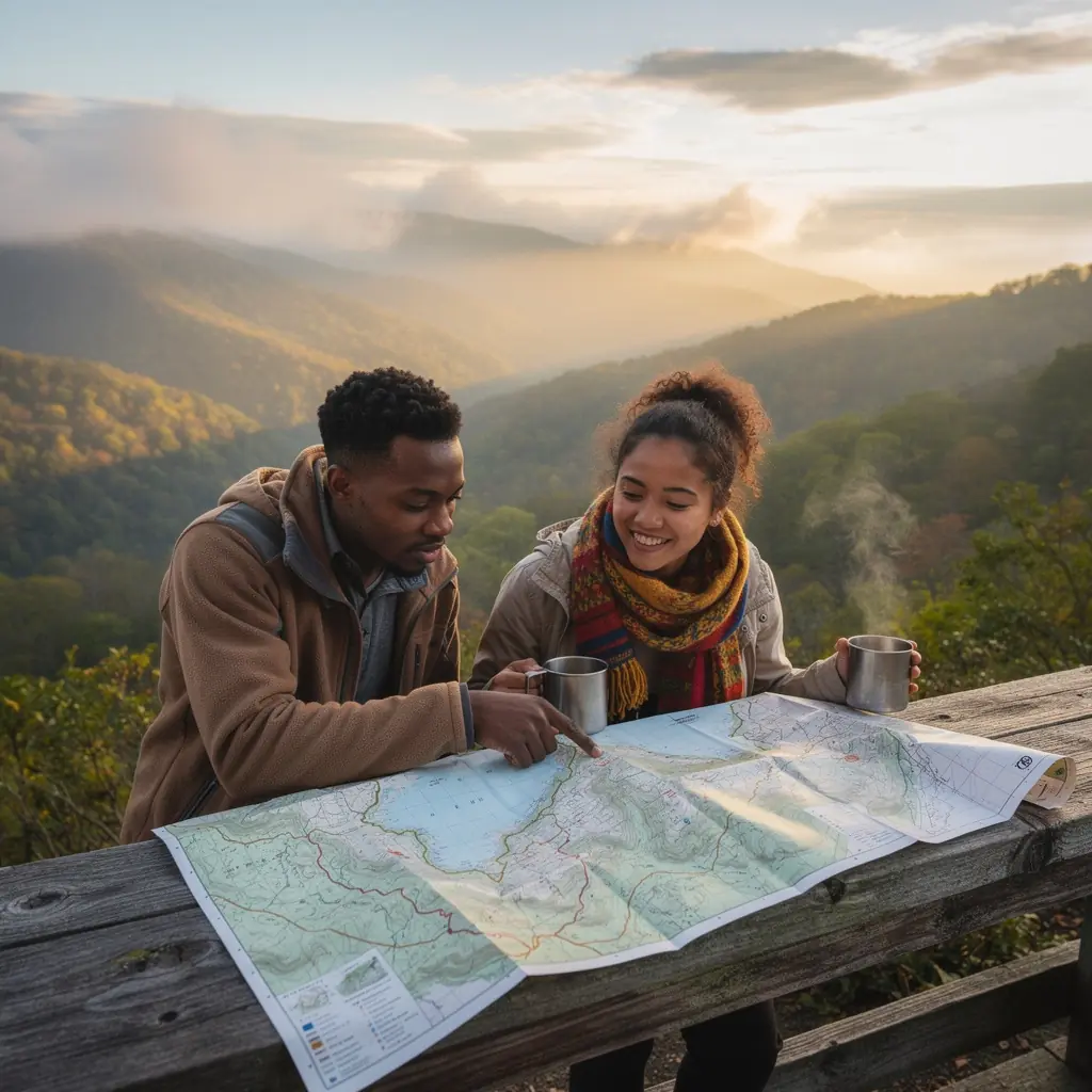 Rodzina spacerująca po leśnej ścieżce z plecakami.