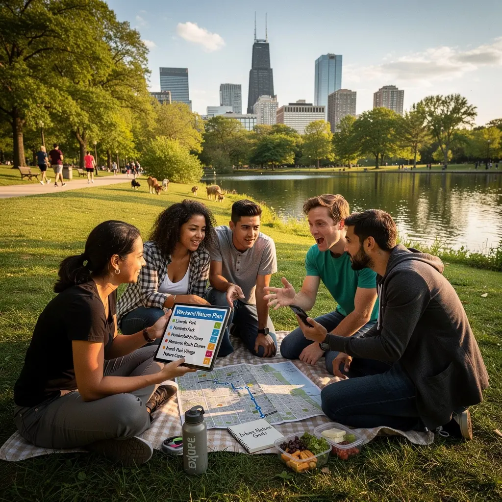 Dzieci bawiące się na polanie w otoczeniu drzew i kwiatów.