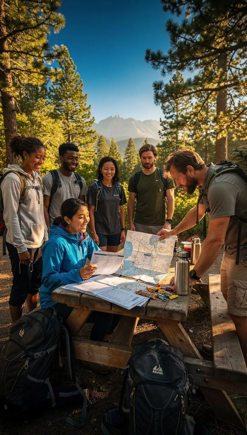 Rodzina odpoczywająca przy ognisku w lesie, ciesząca się naturą i wspólnym czasem.